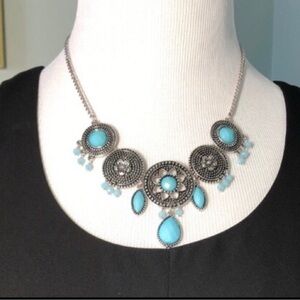 Boho Turquoise Statement Necklace | Silver Tone | Adjustable